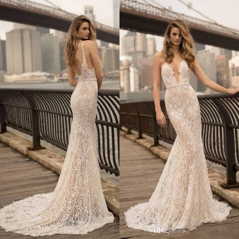 Berta Elegant Mermaid Wedding Dresses Illusion Bodice Backless Sweep Train Spaghetti Neck Full Lace Bridal Gowns Vestidos