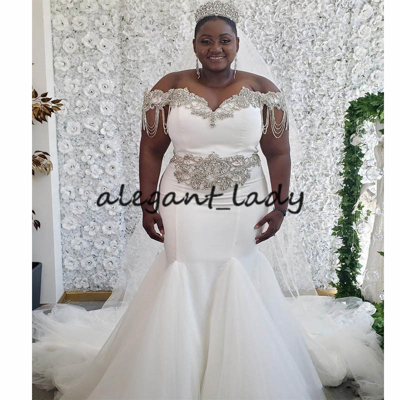 Plus Size Mermaid Wedding Dresses 2020 Beaded Crystal Tassel Sweep Train African Queen Bridal Garden Wedding Gown robe de mariée
