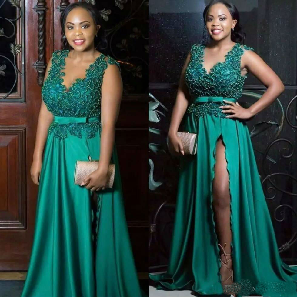 Hunter Green Prom Dresses 2019 V Neck Major Beading African Plus Size Evening Dress Side Split Formal Party Gowns