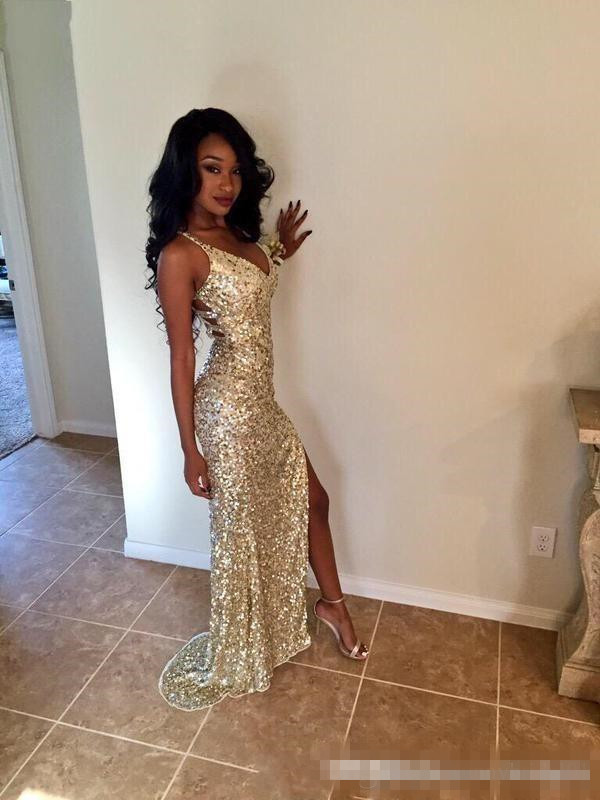 Gold Sequins Champagne Mermaid Prom Dresses Sexy Back Spaghetti Straps Side Slit Formal Evening Party Gowns Custom Made