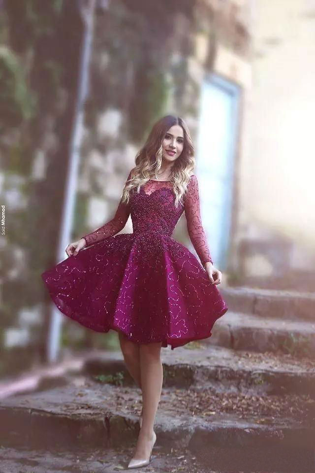 2019 Stunning Short Prom Dresses Sexy Sheer Long Sleeve Sequins Puffy Cocktail Party Gowns Custom Made Major Beading Evening Dresses