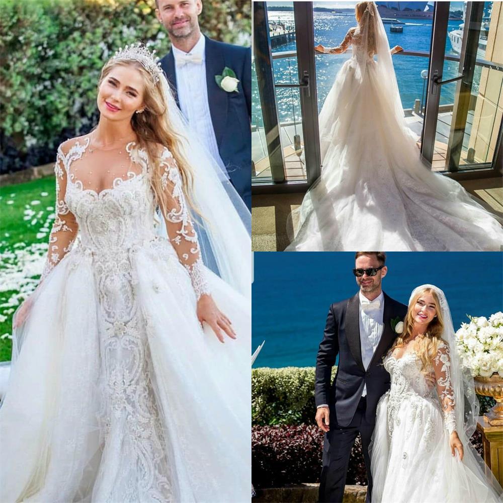 2020 Luxury Mermaid Wedding Dresses With Detachable Train Lace Appliques Jewel Neck Beach Wedding Dress Illusion Bodice Vestidos De Novia