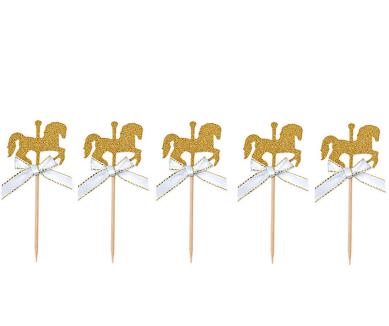 Cartoon Horse Cupcake Topper With Bow Tie Glitter Gold Carousel Wedding Birthday Party Cake Decoration DIY Handmade Cake Decor