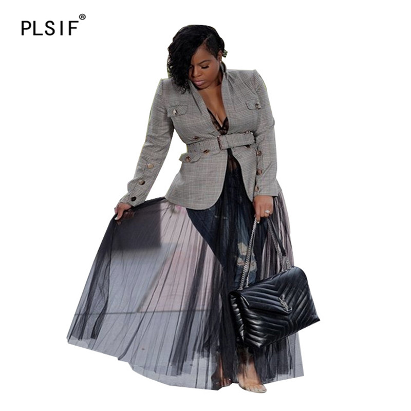 

Fashion style black voile spliced women' blazers sexy deep v-neck lady clothing novelty chic design high street blazers, Gray