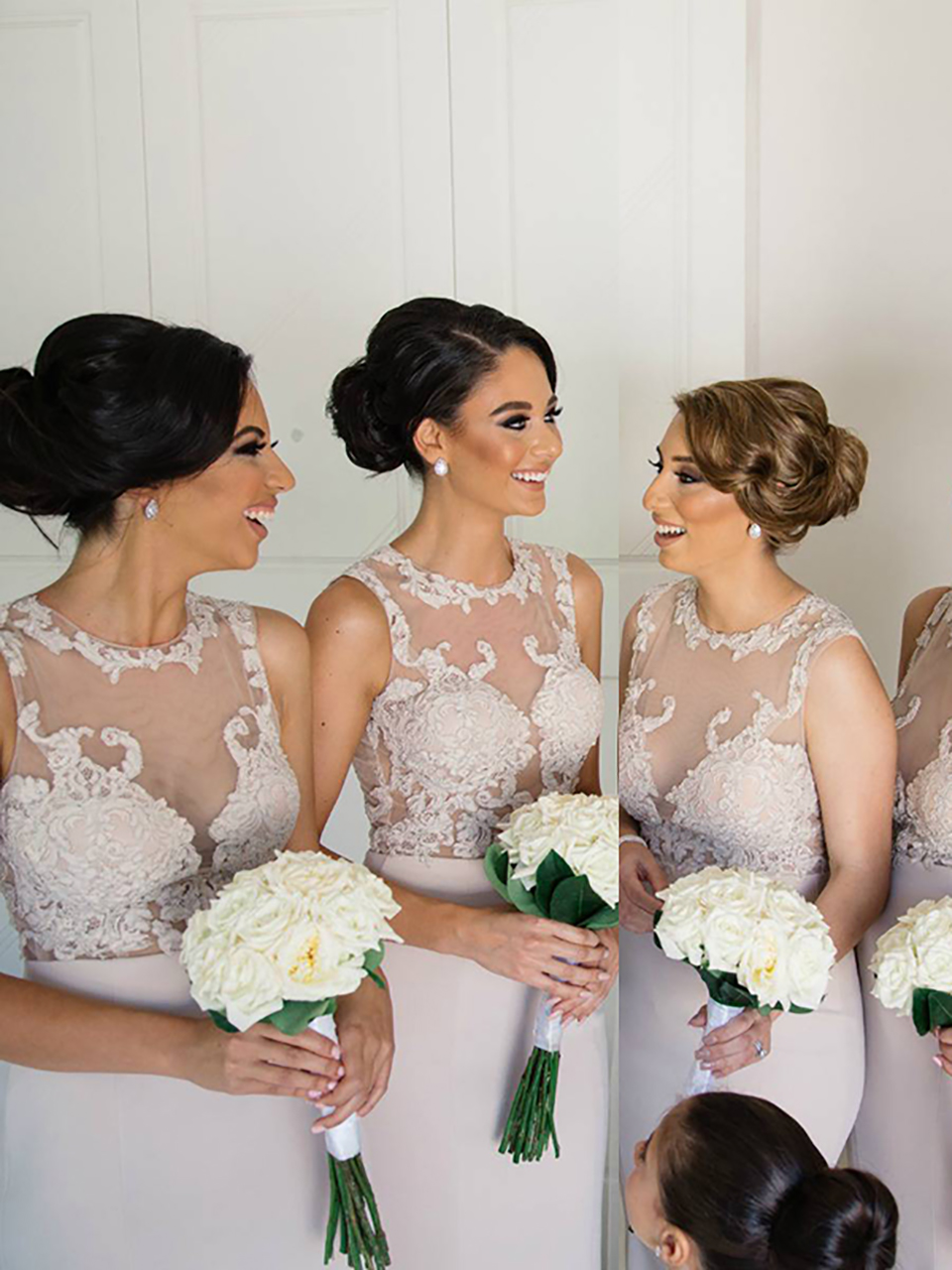 See Through Lace Applique Beads Tops Stretch Fabric Bridesmaid Dresses Mermaid Maid of Honor Dress for Wedding Party