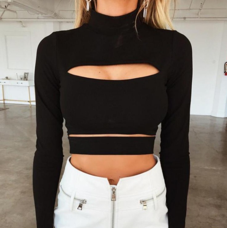 Sexy Women Long Sleeve Cut T Shirts Crop Tops Clubwear Fashion Ladies Summer Cotton Black Hollow Out Holes T-shirt Hot