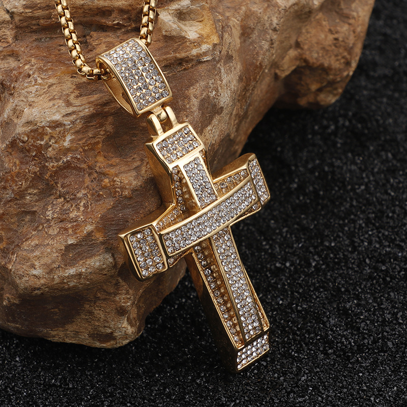 Double Layers Cross Pendants Necklace Men Hip Hop 316L Stainless Steel Full Cubic Zirconia Setting 18K Gold Plated Jewelry