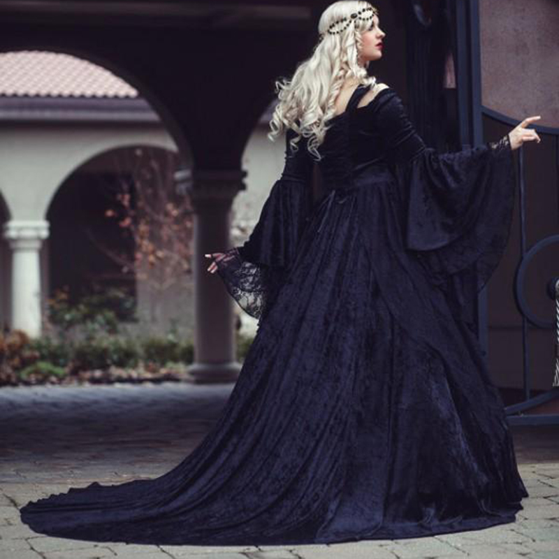 Vintage Gothic Hallowen Lace Princess Wedding Dresses Plus Size Off-shoulder Long Sleeve Castle Chapel Train Bridal Wedding Gowns