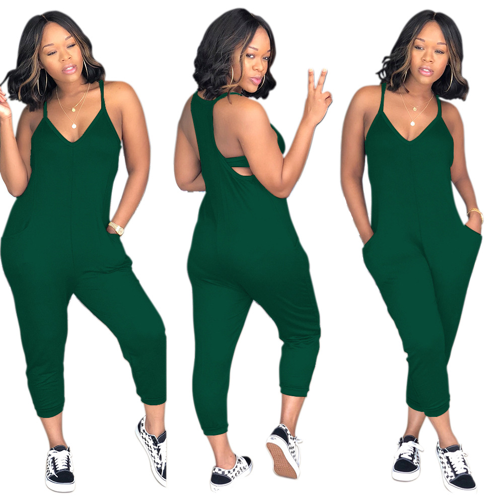 Jumpsuits European solid color sexy sling V-neck sleeveless halter hood casual street double pocket jumpsuit support mixed batch