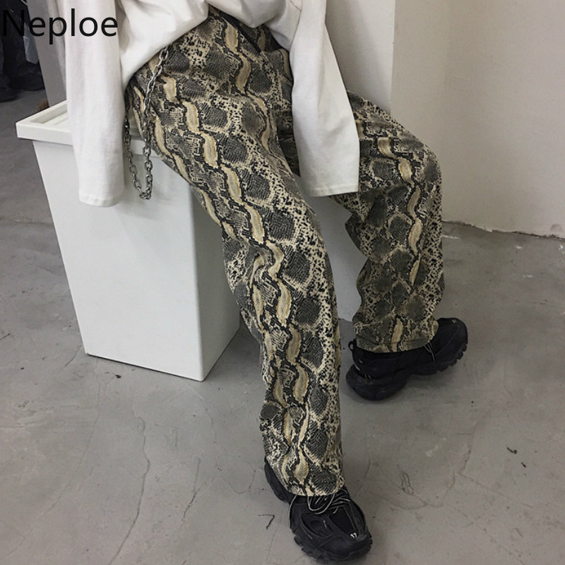 Neploe 2019 Autumn Vintage Pants Women Elastic Waist Harajuku Snake Print Trouse Female Man Streetwear BF Style Long Pant 38977 V191018