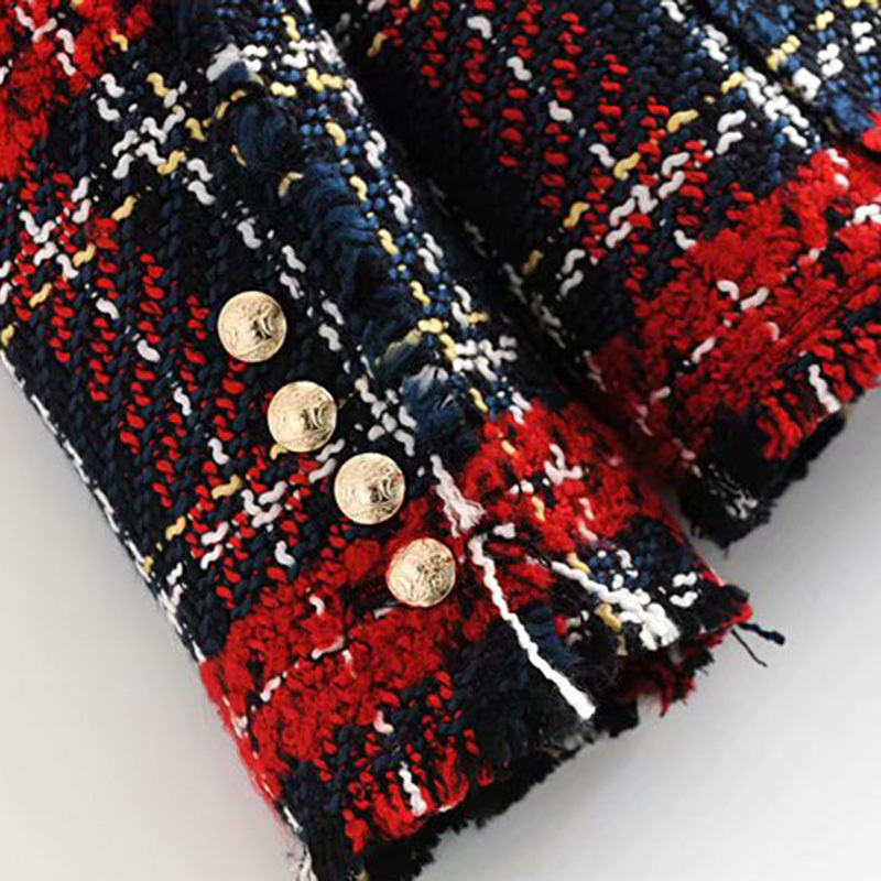 Vintage Double Breasted Frayed Checked Tweed Blazers Coat Women 2019 Fashion Pockets Plaid Ladies Outerwear Casual Casaco Femme C18122401