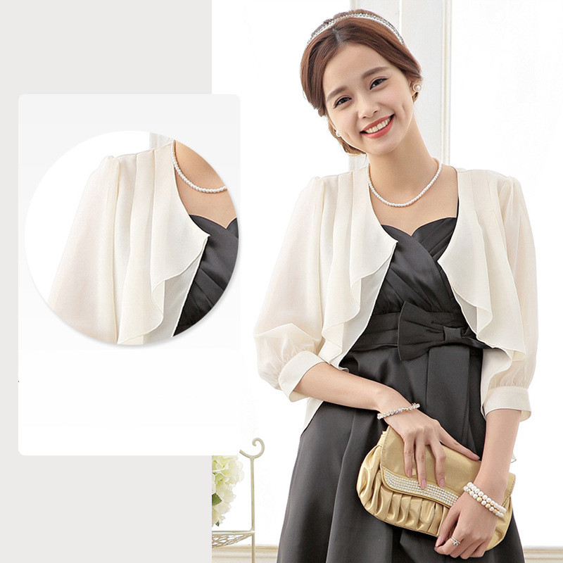Ruffle Chiffon Cover up Bolero Women Party Elegant Ultra Light Weight Half Sleeves Shrug Open Front Cardigan Short Jacket