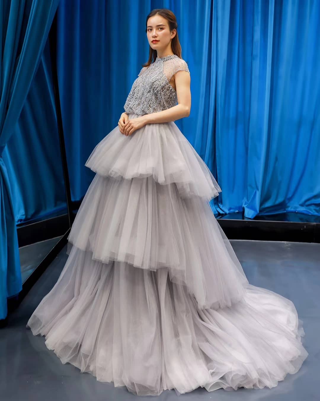 Tulle Tiered Prom Dresses Sheer High Neck Ball Gowns Sleeves Party Dresses Full Beading Sweep Train Formal Mother's Dress