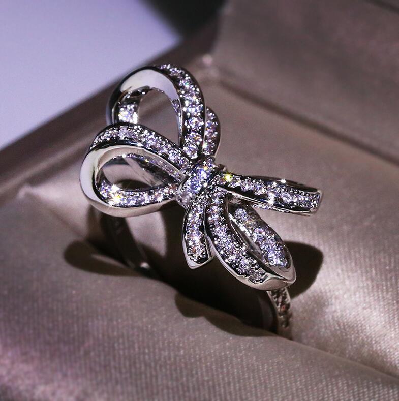 Sterg Sier White Sapphire Pave CZ Dia Eternity Women Bow Wedding Bridal Ring For Lovers Gift 45f6