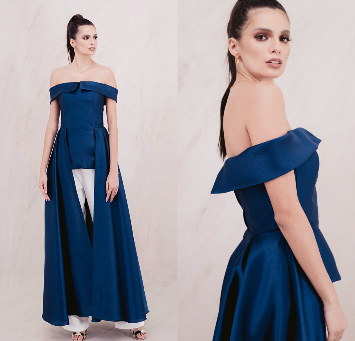 Women Jumpsuit With Long Train Blue Evening Dresses Off Shoulder Sweep Train Elegant Prom Dress Party Elie Saab Dress Vestidos Festa