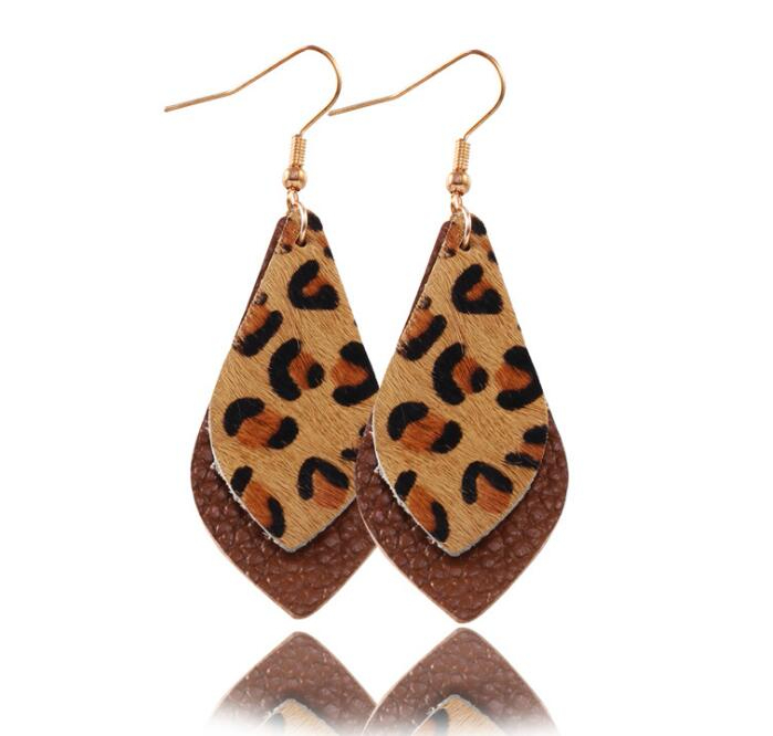 Printing Leopard drops earrings Autumn & Winter Double layers leaf real leather drop earrings for women gift GD4