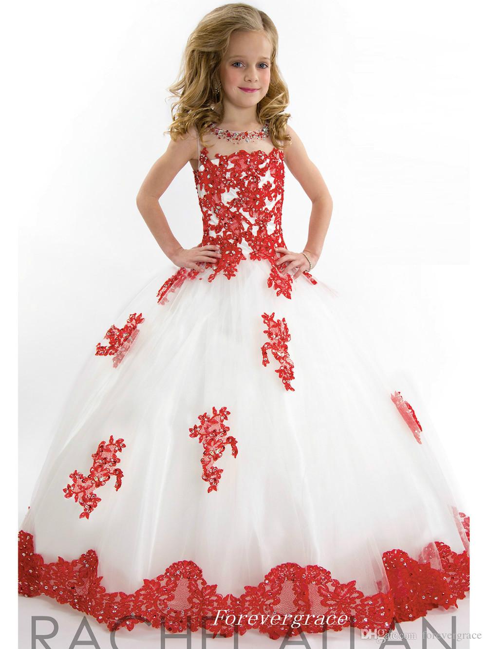 2019 Cute White and Red Girl's Pageant Dresses High Quality Tulle Applique Floor-Length Long Special Occasion Dress Flower Girls Dress
