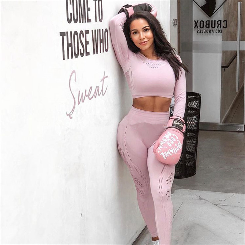 2 Piece Women Sport Suit Seamless Leggings+Cropped Shirts Gym Clothing Workout Yoga Female Long Sleeve Fitness Set Tracksuit MX200329