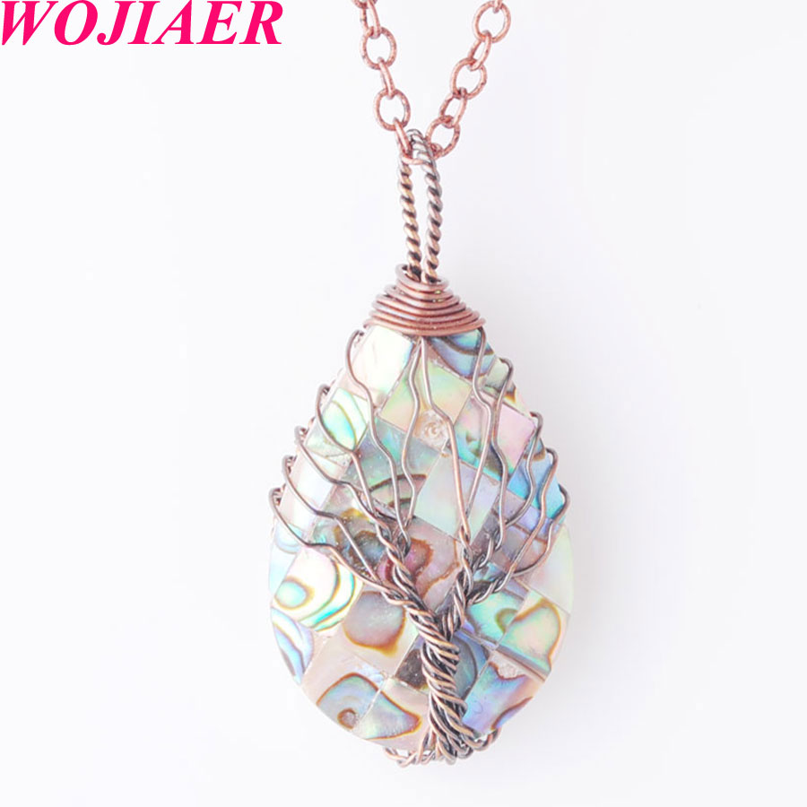 WOJIAER Necklace & Pendant Natural Abalone Shell Jewelry Tree of Life Ancient Copper Metal Wire Wrap Water Drop Bead Chain 18Inches W9311