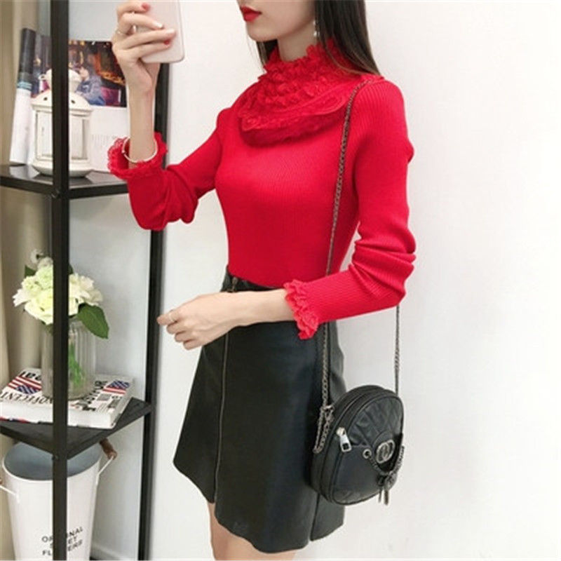 Autumn Winter Women Sweater Pullover 2019 New Lace shirt Long Sleeve Ruffled Slim Pull Knit Half Turtleneck Sweater Female ZZ643