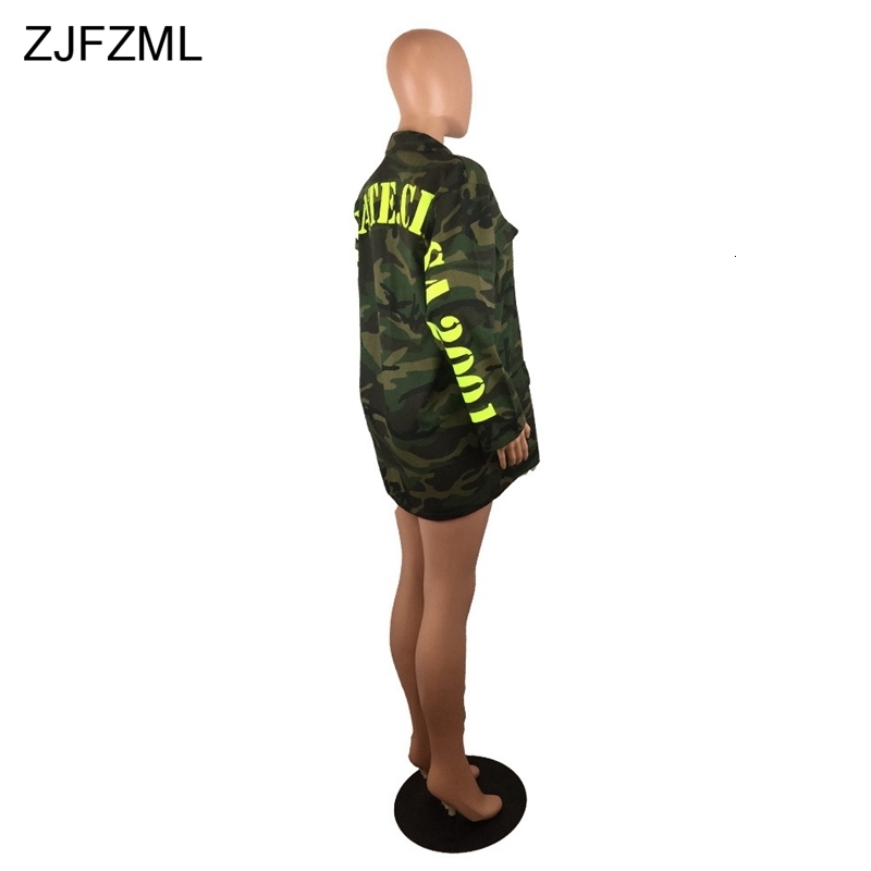 ZJFZML Camouflage Print Casual Jackets Women Turn-Down Collar Full Sleeve Coat Streetwear Army Green Letter Outwear Open Stitch Y191014