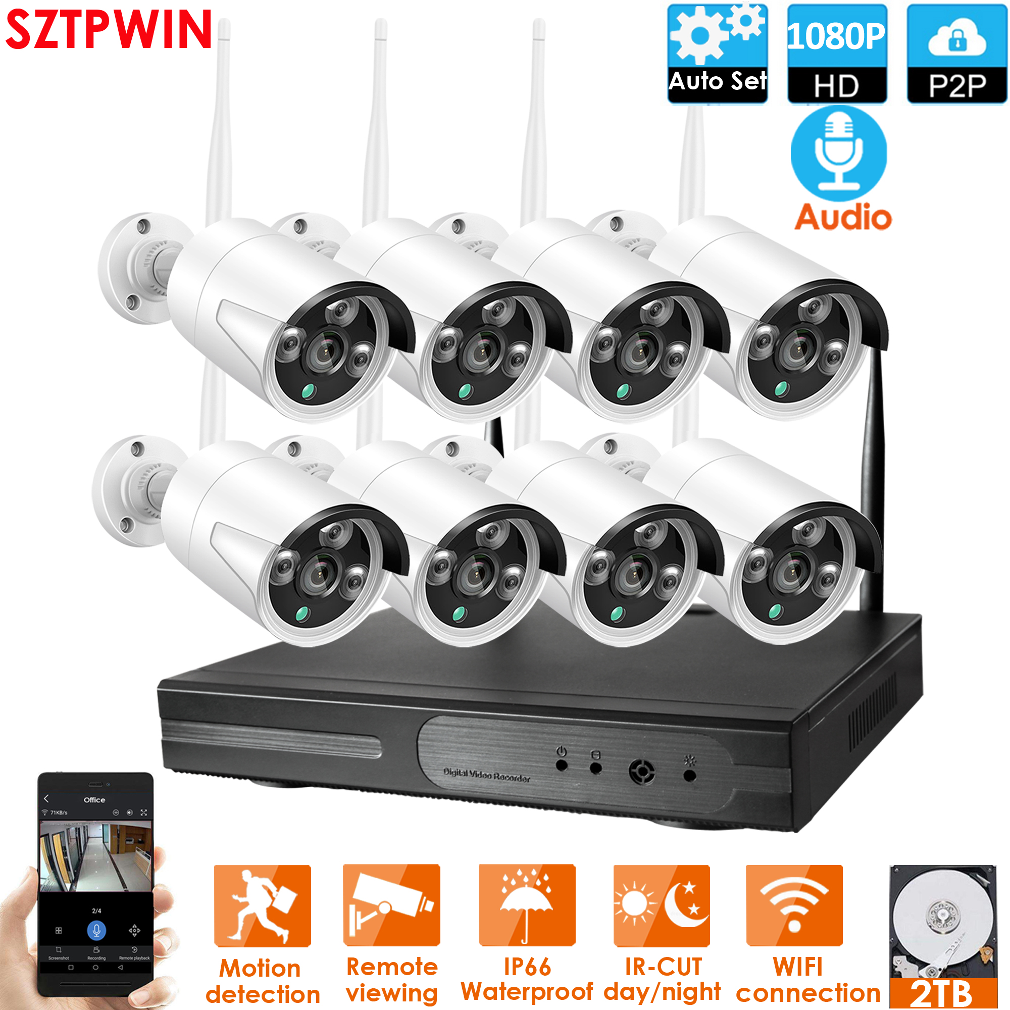 8CH Audio CCTV System Wireless 1080P NVR 8PCS 2.0MP IR Outdoor P2P Wifi IP CCTV Security Camera System Surveillance Kit
8CH Audio CCTV System Wireless 1080P NVR 8PCS 2.0MP IR Outdoor P2P Wifi IP CCTV Security Camera System Surveillance Kit