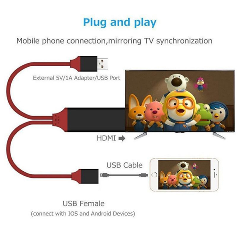 

Universal HDMI Cable PLUG AND PLAY HDMI HDTV TV Adapter Digital AV Cable 1080P Phone to TV USB 2.0 TO Type C Micro 5pin Lighting 1M