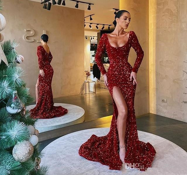 Sexy Sequined Red Prom Dresses 2020 Scoop Neck Long Sleeve Evening Gowns Party Dress Special Occasion Dresses