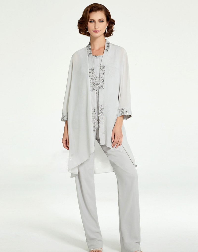 New 2019 Pant Suits Long Mother Of The Bride Dresses Cheap Appliqued Pantsuits Beach Wedding Guest Dress With Jacket Groom Mother Outfit