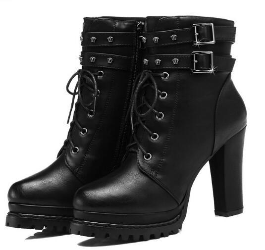 Hot Sale-Black Leather Motorcycle Boots For Women High Platform Thick Heel Ankle Boots Stylish Cool Shoes Christma