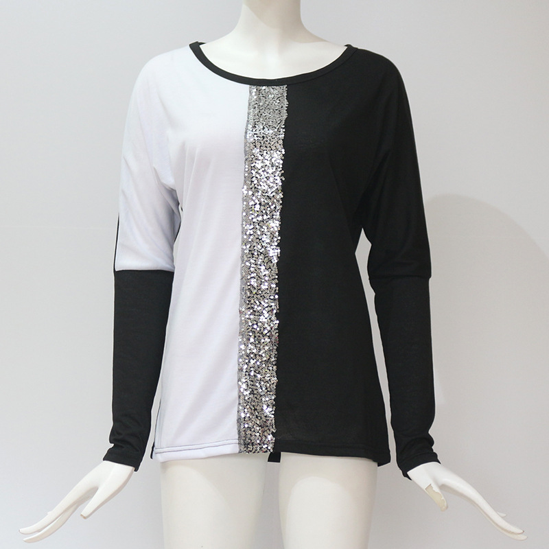 2020 Ladies Tops and Blouses Off Shoulder Long Sleeve Shirt Sequined Patchwork Tunic Casual Loose Tops Plus Size Chemise Femme