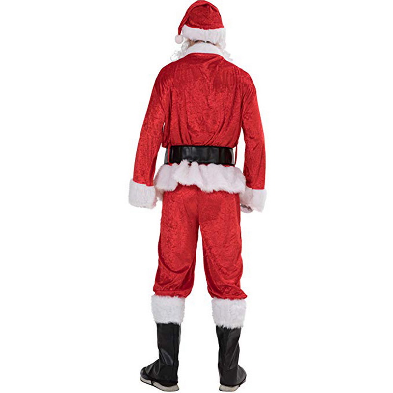 7PCs Adult Santa Claus Costume Flannel Classic Suit Christmas Cosplay Props Men Coat Pants Beard Belt Hat Christmas Set M XL
