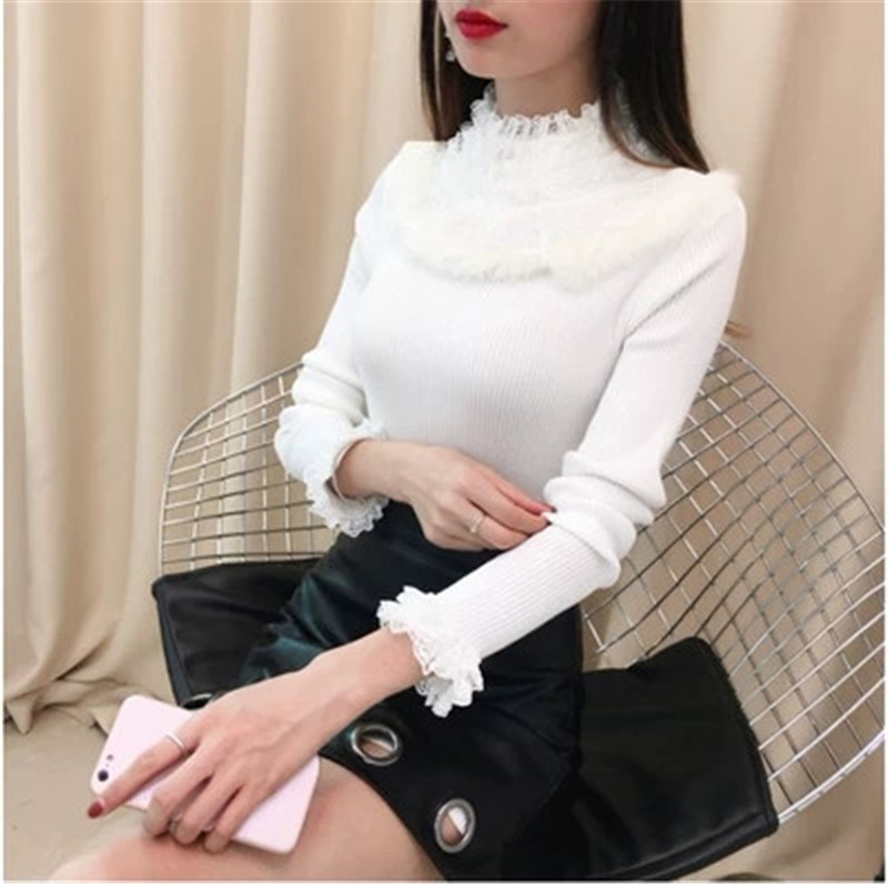 Autumn Winter Women Sweater Pullover 2019 New Lace shirt Long Sleeve Ruffled Slim Pull Knit Half Turtleneck Sweater Female ZZ643