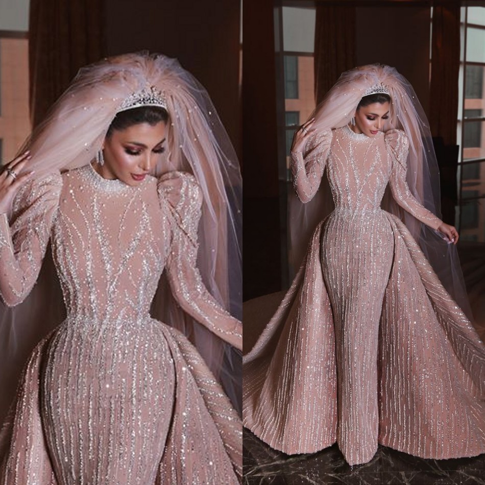 Sparkly Arabian Mermaid Prom Dresses With Detachable Train Beading Jewel Neck Long Sleeve Appliques Evening Dresses Sexy Party Wear