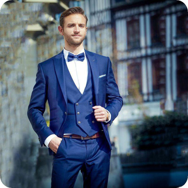 Royal Blue Three Pieces (Blazer+Pant+Vest) Wedding Bridegroom Suits With Peaked Lapel Business Formal Wear For sale