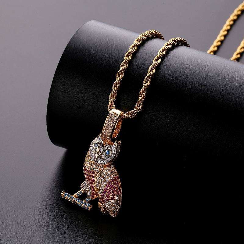 18K Gold Colorful CZ Zircon Owl Necklace Twist Chain Multi Color Iced Out Animal Pendant Hip Hop Rapper Jewelry Gifts for Men and Women