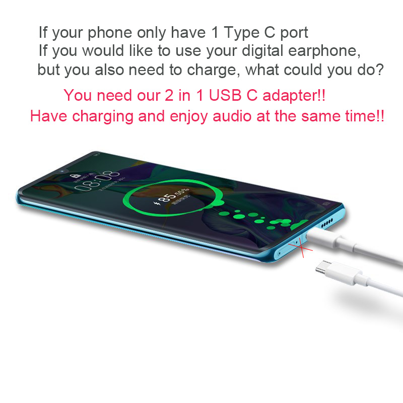 2 in 1 USB C Adapter o and Charger Splitter 3A Fast charging and DAC HIFI music 1 Type C Male to 2 Type-C female port for Pixel Hu