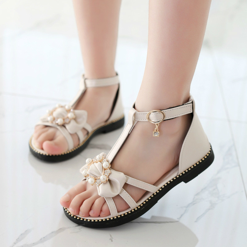 Girls Sandals For Children New Summer Fashion Princess Pearl Soft Child Child Student Flat Sandals