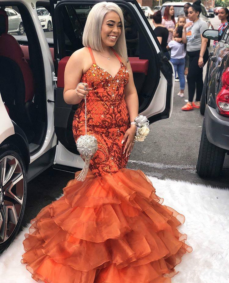 mermaid prom dresses spaghetti lace appliqued crystal tiered skirt evening dress sweep train formal party gowns floor length