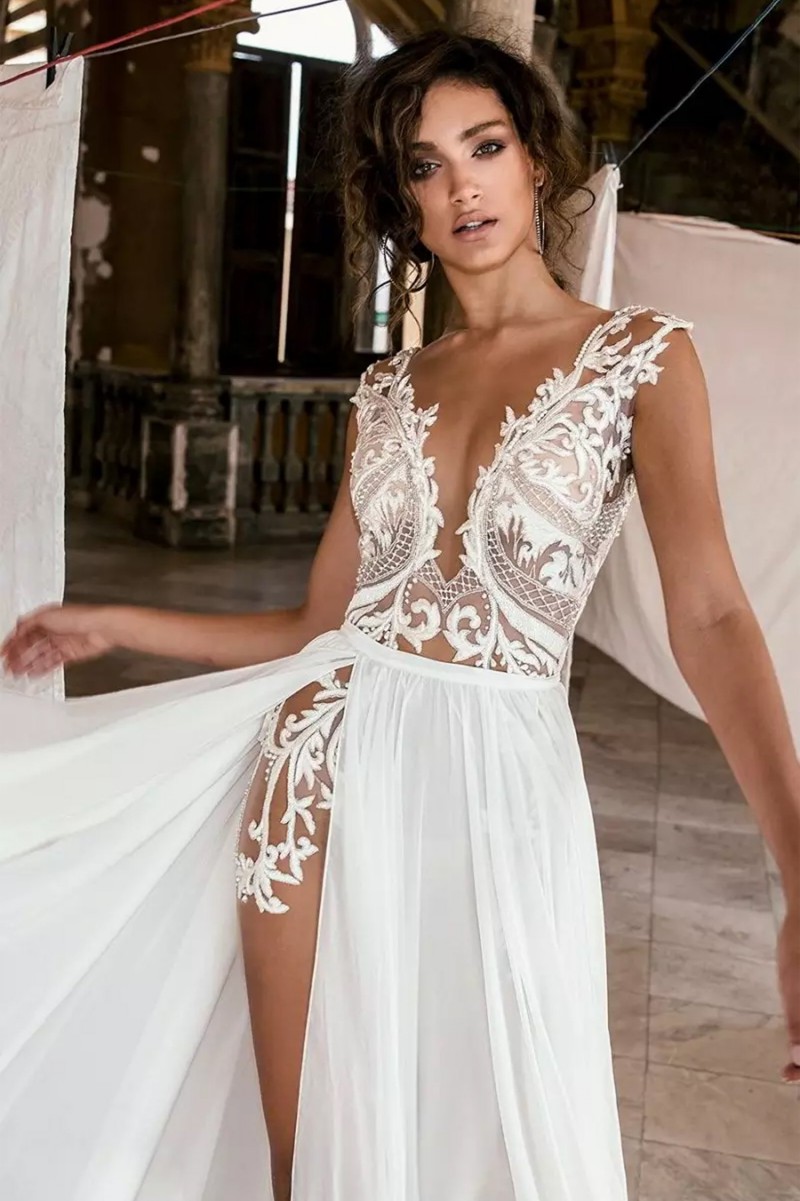deep v neck sexy boho wedding dresses beach bridal gowns thigh high slits lace applique backless robes de marie