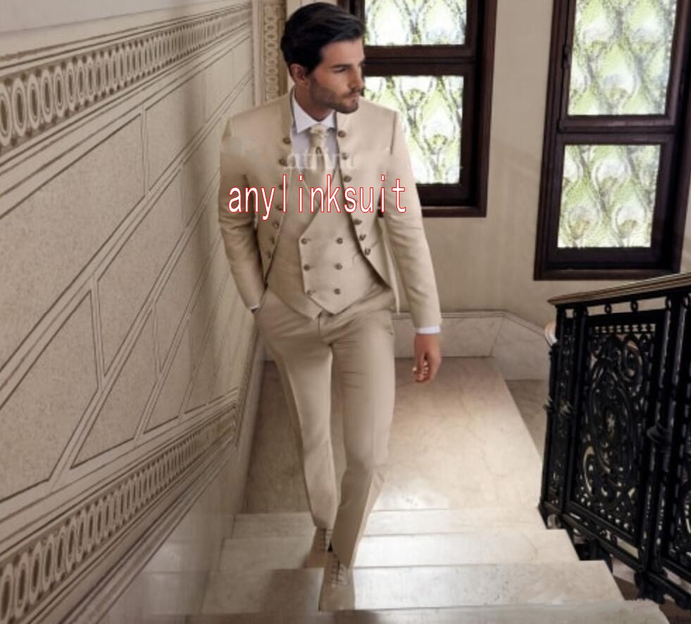 Latest Design more Buttons Beige Wedding Men Suits Stand Collar Three Pieces Business Groom Tuxedos (Jacket+Pants+Vest+Tie) W1138