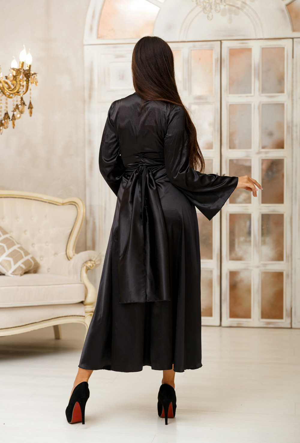 Cheap Sexy Black Satin Women Nightgown Ladies V Neck Sleepwear With Long Sleeves Custom Wedding Robes Bathrobes