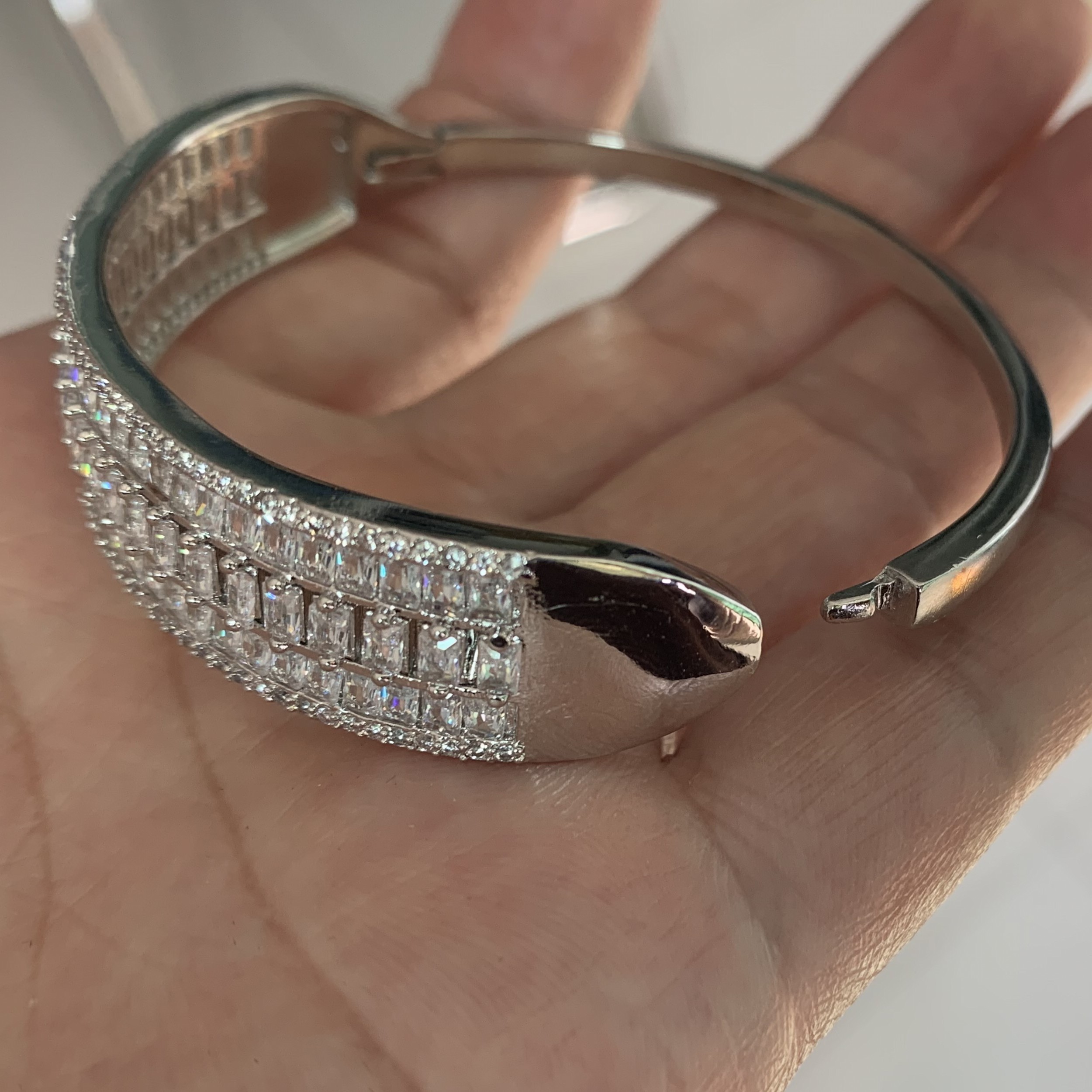 Circle Bangle Bracelet for Women: Three Rows of Princess-Cut White Clear Topaz Gemstones in Sterg Sier