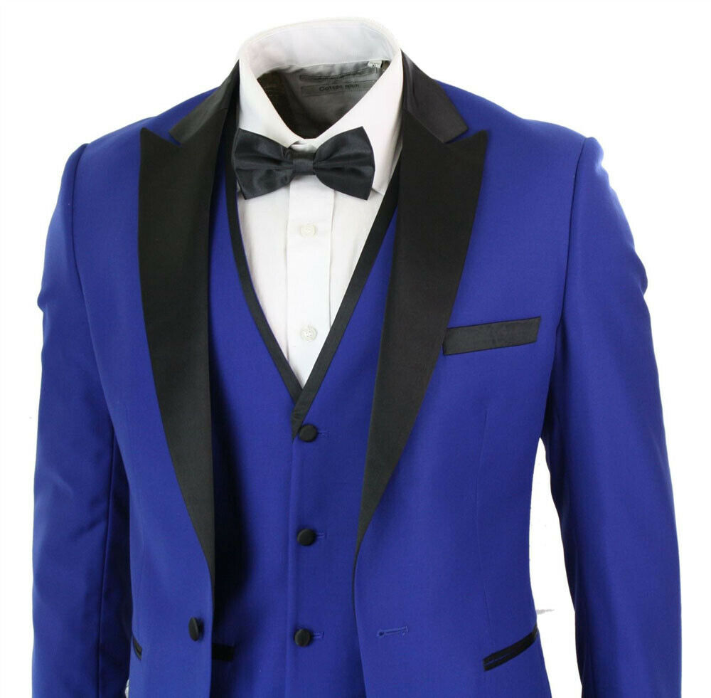 Blue Men Wedding Suits Slim Fit One Button Black Satin Notched Lapel Tuxedos Formal Work Prom Office Business Blazer(Jacket+Vest+Pants)