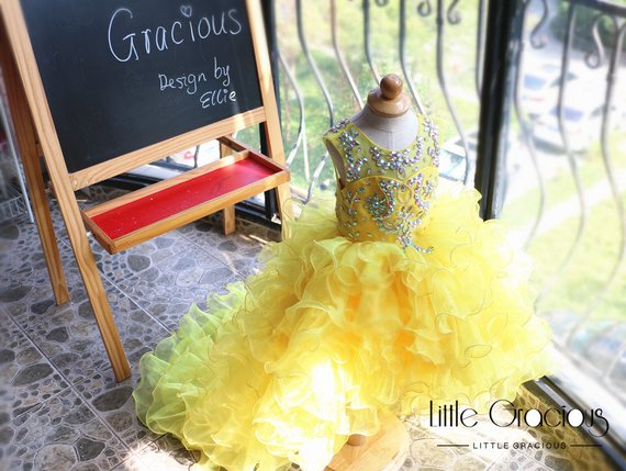 Yellow Flower Girl Dresses Jewel Neck Crystal High Low Ruffles A Line Girls Pageant Dress Hollow Back Kids Formal Gowns