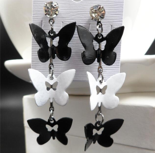 Hot sale Multi storey Black white Crystal Butterfly Tassels Dangle Chandelier Earrings Exaggerated Pendant Earrings