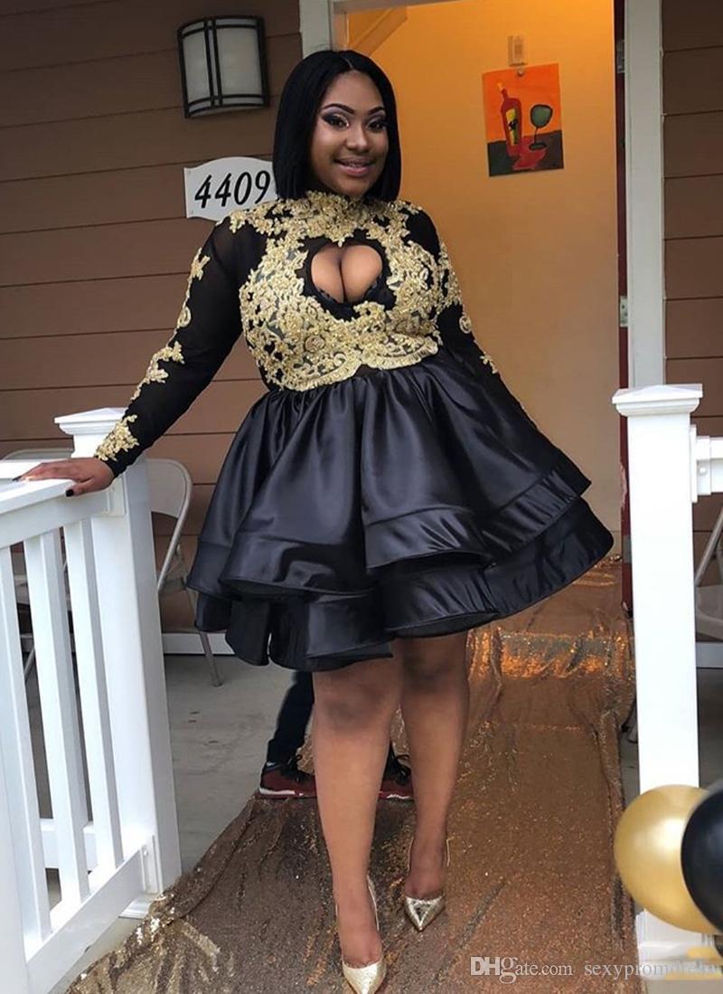 South African Short Prom Dresses Black Long Sleeves Gold Appliques Hot Evening Gowns Plus Size Knee Length Cocktail Party Pageant Dress
