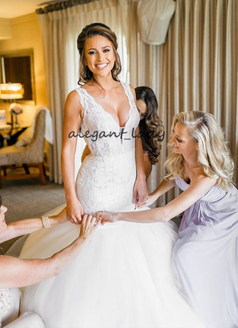 Full Lace Mermaid Wedding Dresses with Detachable Train 2019 V-neck Crystal Sash Outdoor Garden Bridal Gowns Wedding Dress Robe De Mariee