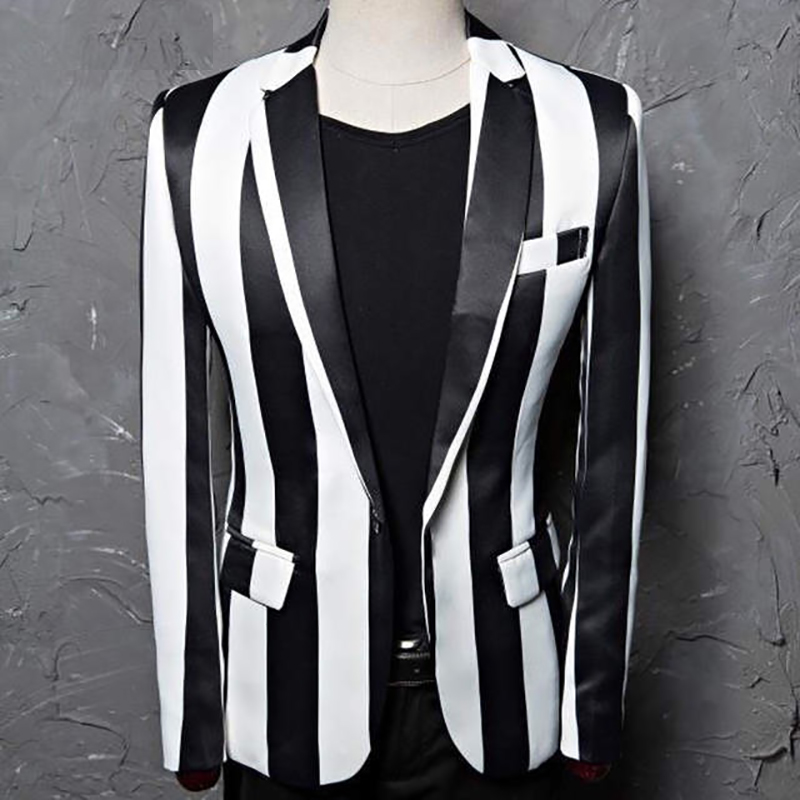 Black White Striped Blazer Jacket Men Brand One Button Slim Club Bar Party Suit Jacket Male Stage Rock and Roll Costumes, White;black
Black White Striped Blazer Jacket Men Brand One Button Slim Club Bar Party Suit Jacket Male Stage Rock and Roll Costumes, White;black