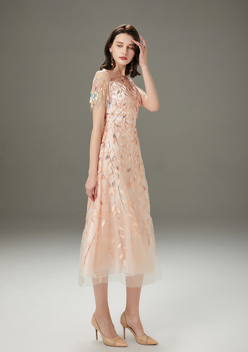 Women's Runway Dresses O Neck Short Sleeves Embroidery Beaded Layered Fashion Mid Calf Dresses